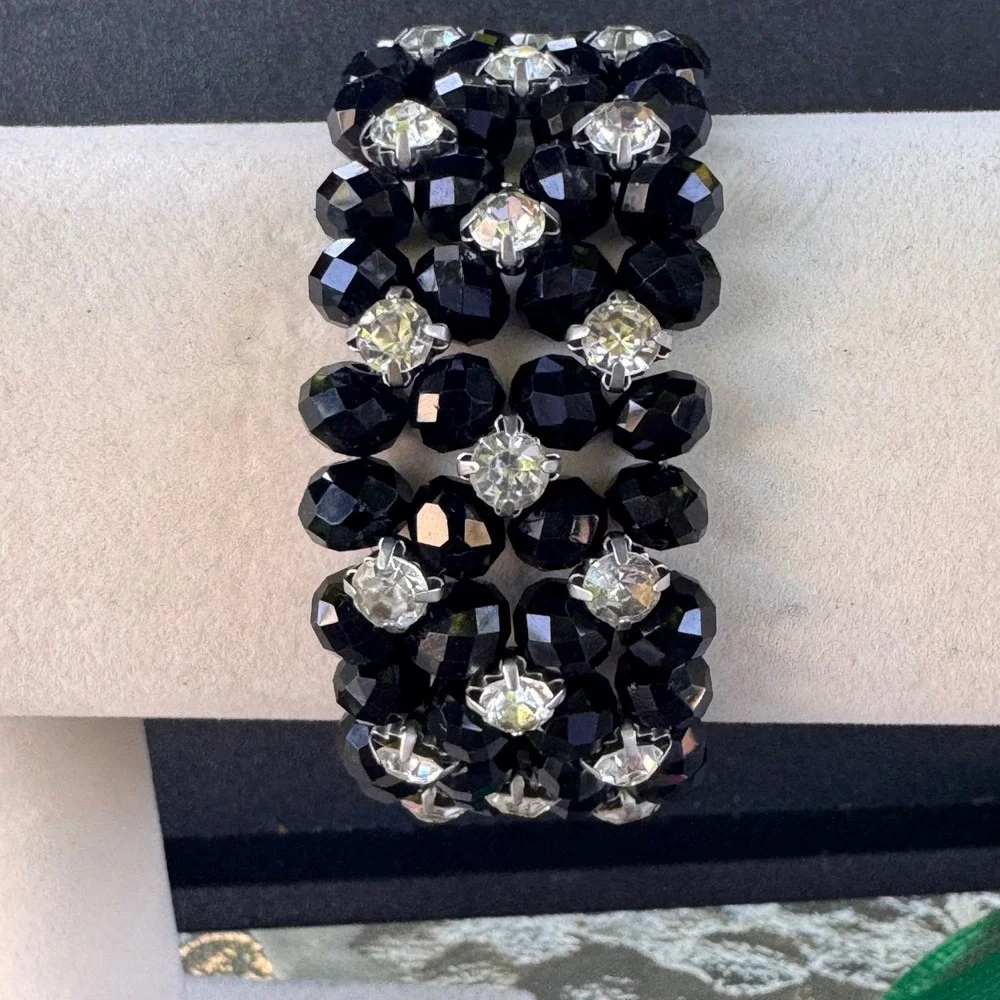 Beaded Stretch Bracelet Black‎ Faceted Crystal Rhinestone Statement Jewelry